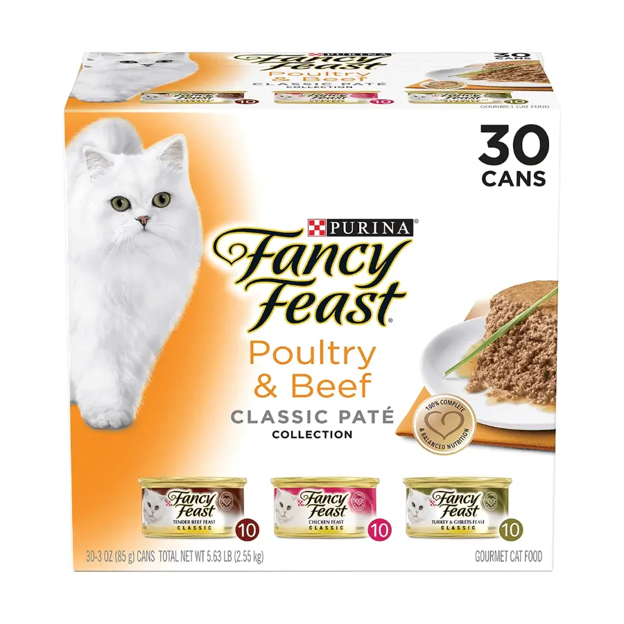 Purina Fancy Feast Grain Free Pate Wet Cat Food Variety Pack, Poultry & Beef Collection - 3 oz. Cans